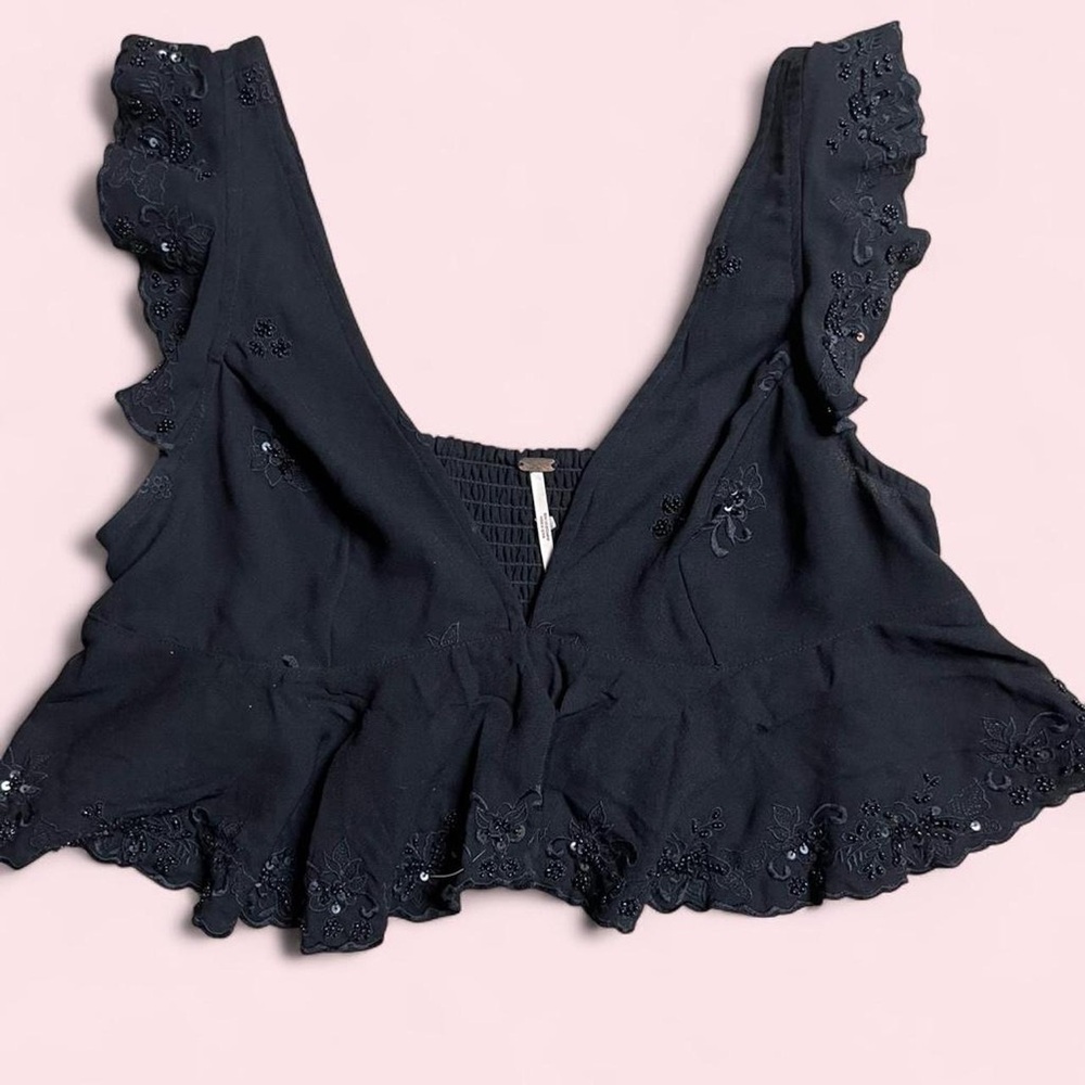 Free People Black Sequin Beaded Embroidered Ruffle Crop Top